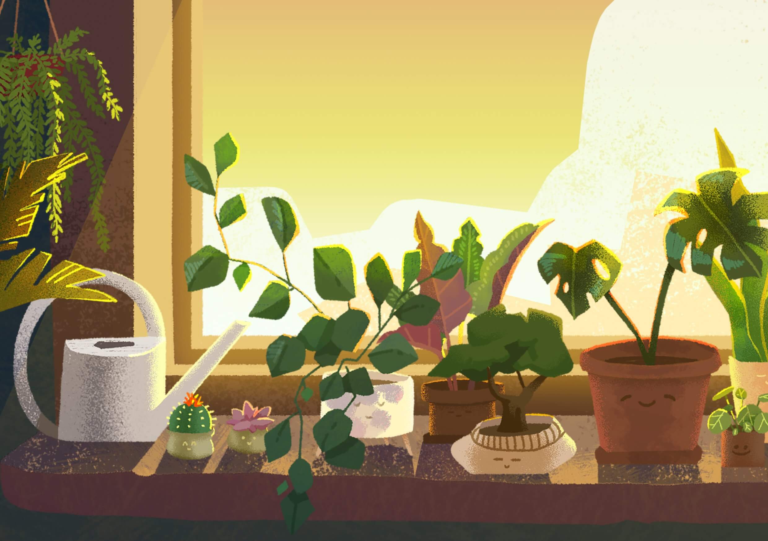 An illustration of various houseplants sitting on a windowsill during a golden sunset.